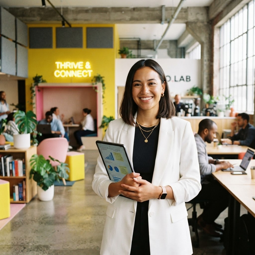 Empreendedora sorrindo com tablet em escritório moderno