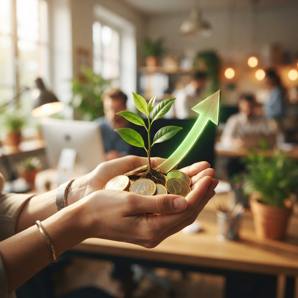 Mãos segurando moedas com planta