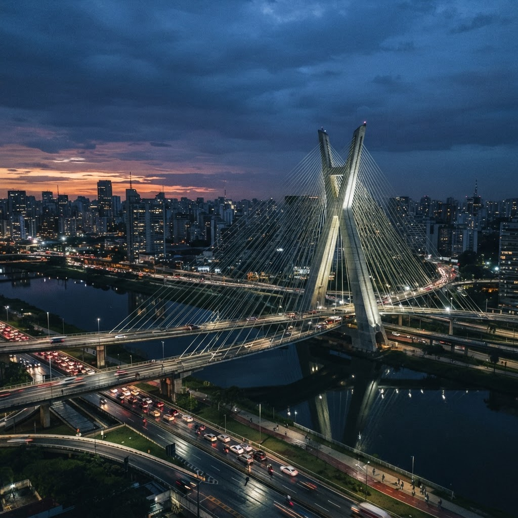 Ponte estaiada de São Paulo ao anoitecer