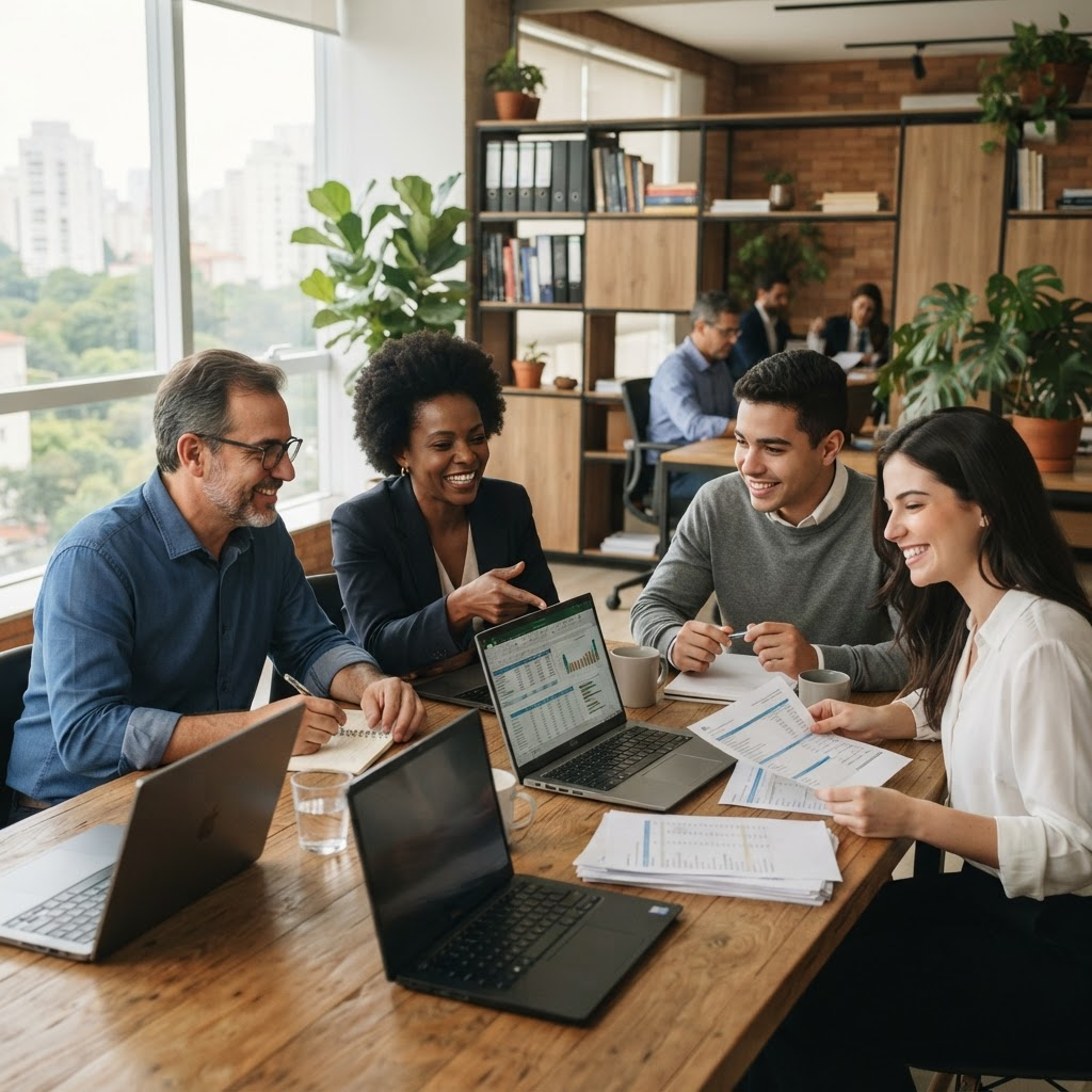 Equipe em reunião analisando indicadores de uma empresa