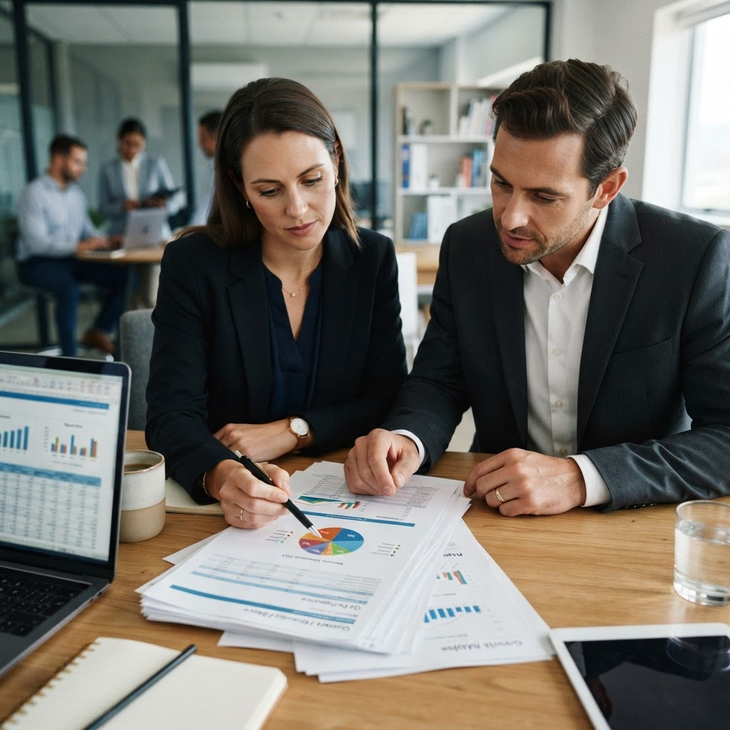 Contadores analisando relatórios financeiros impressos